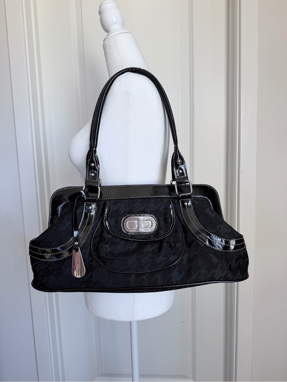 Franco Sarto Black Houndstooth Shoulder Bag with Patent Trim